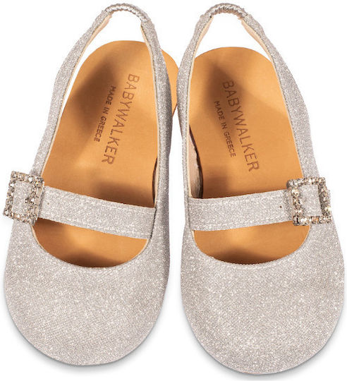 Babywalker Silver Fabric Baptism Ballerina Shoes with Rhinestone Buckle for Girls