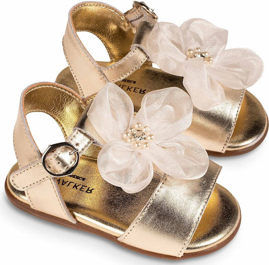 Babywalker Gold-Ecru Baptism Leather Sandals with Flower and Pearls