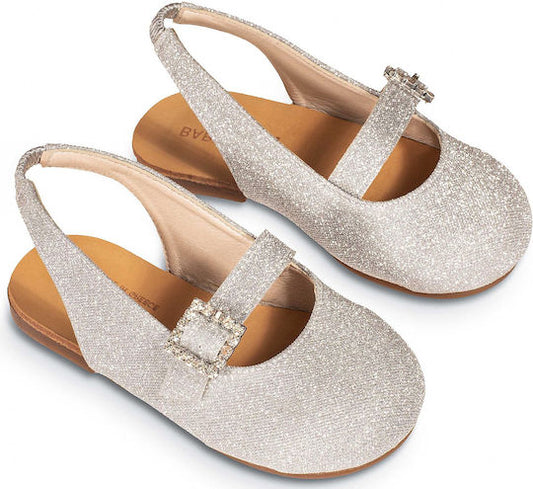 Babywalker Silver Fabric Baptism Ballerina Shoes with Rhinestone Buckle for Girls